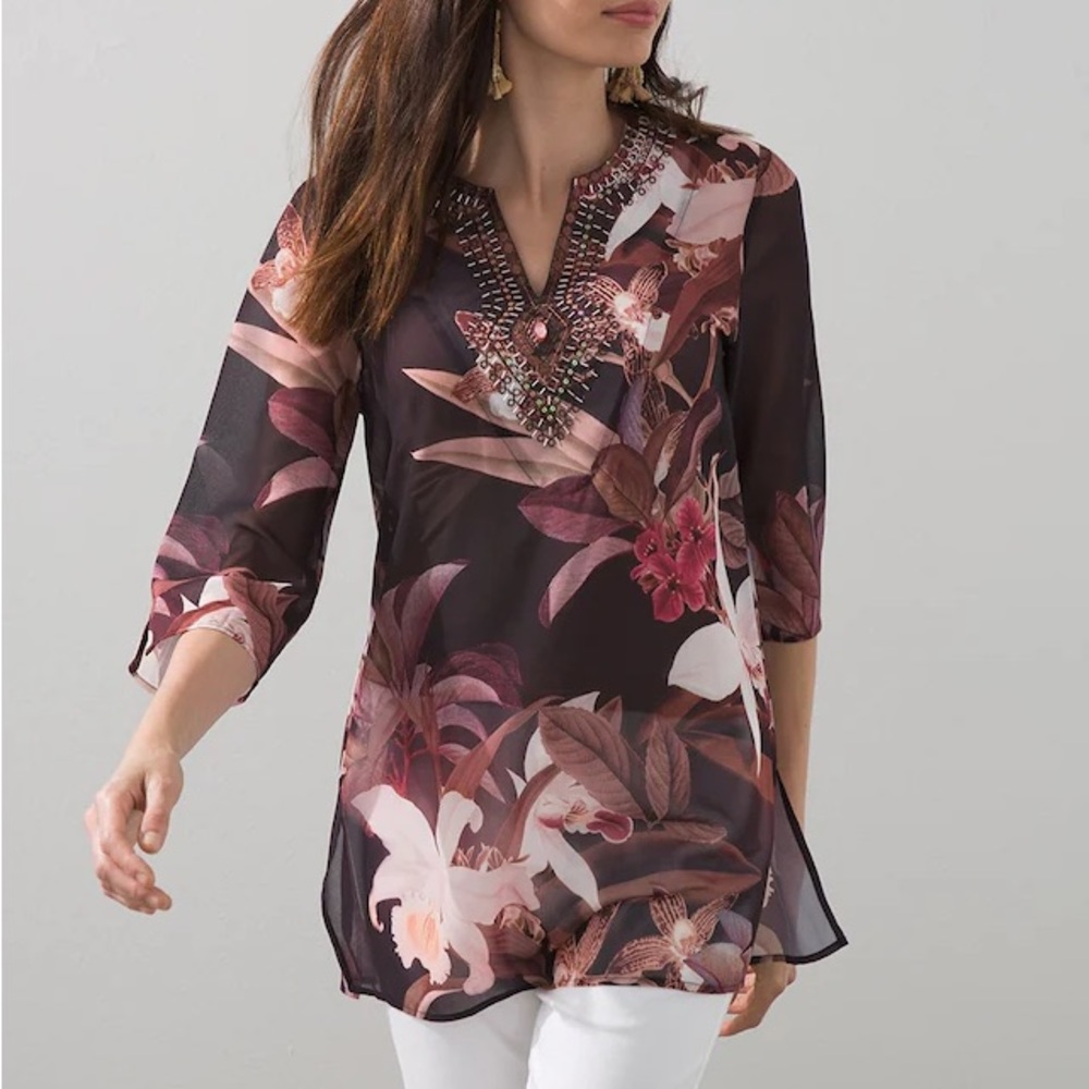 CHICO’S Embellished Floral Print Sheer Tunic size 2 Large